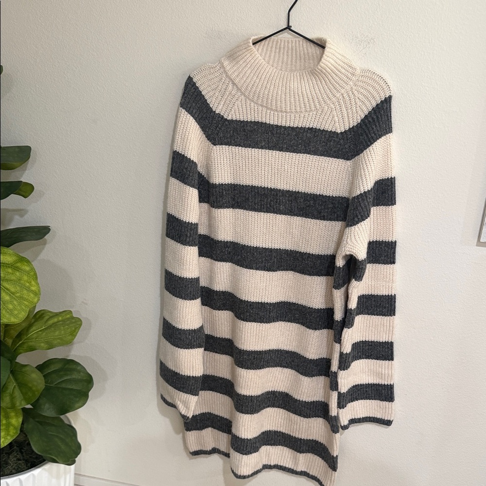 Striped Gray and Cream Turtleneck Sweater Dress